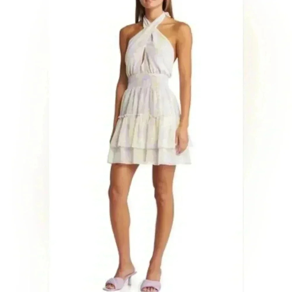 WAYF Womens Lavender Floral Halter Dress Tiered Ruffle Mini Smocked Size M NWT